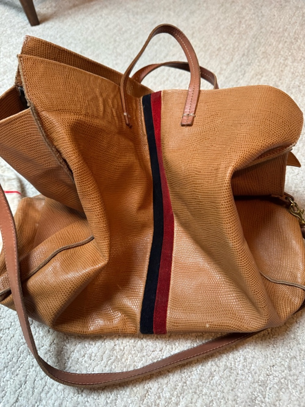 Clare V Tan Textured Leather Tote with Red & Black Stripe